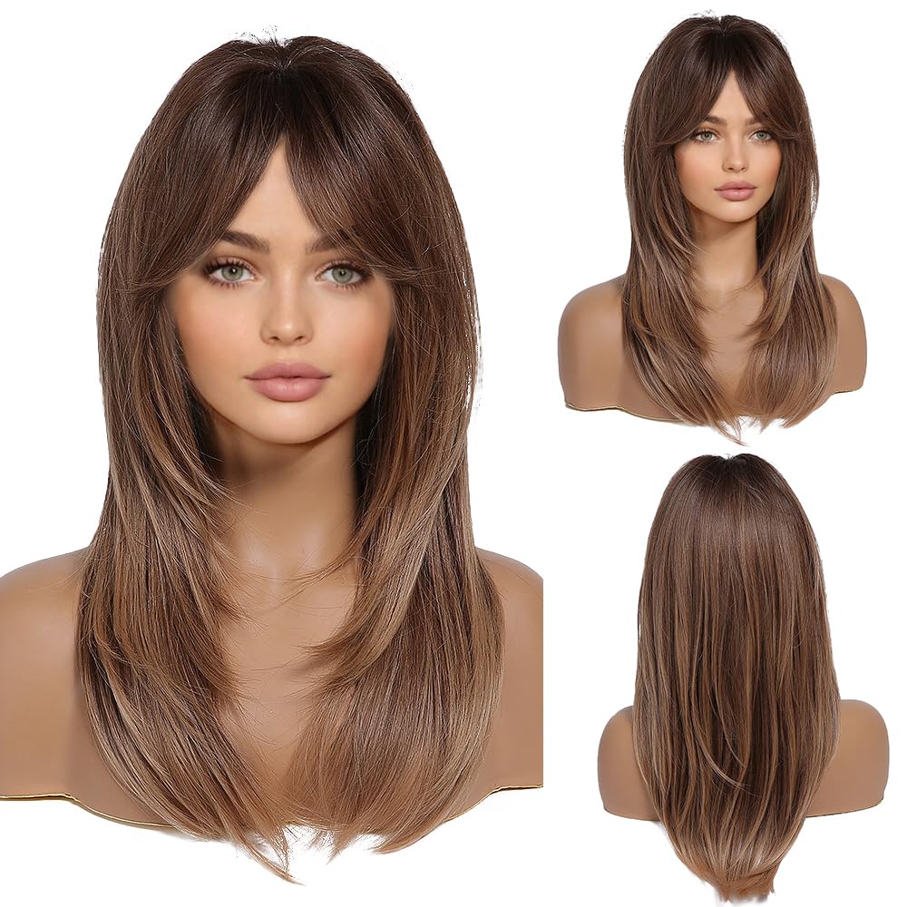 Brown Bob Wig with Bangs for Women Short 100% Human Hair Wig is Slightly Reddish in the Sun - Wigtrends