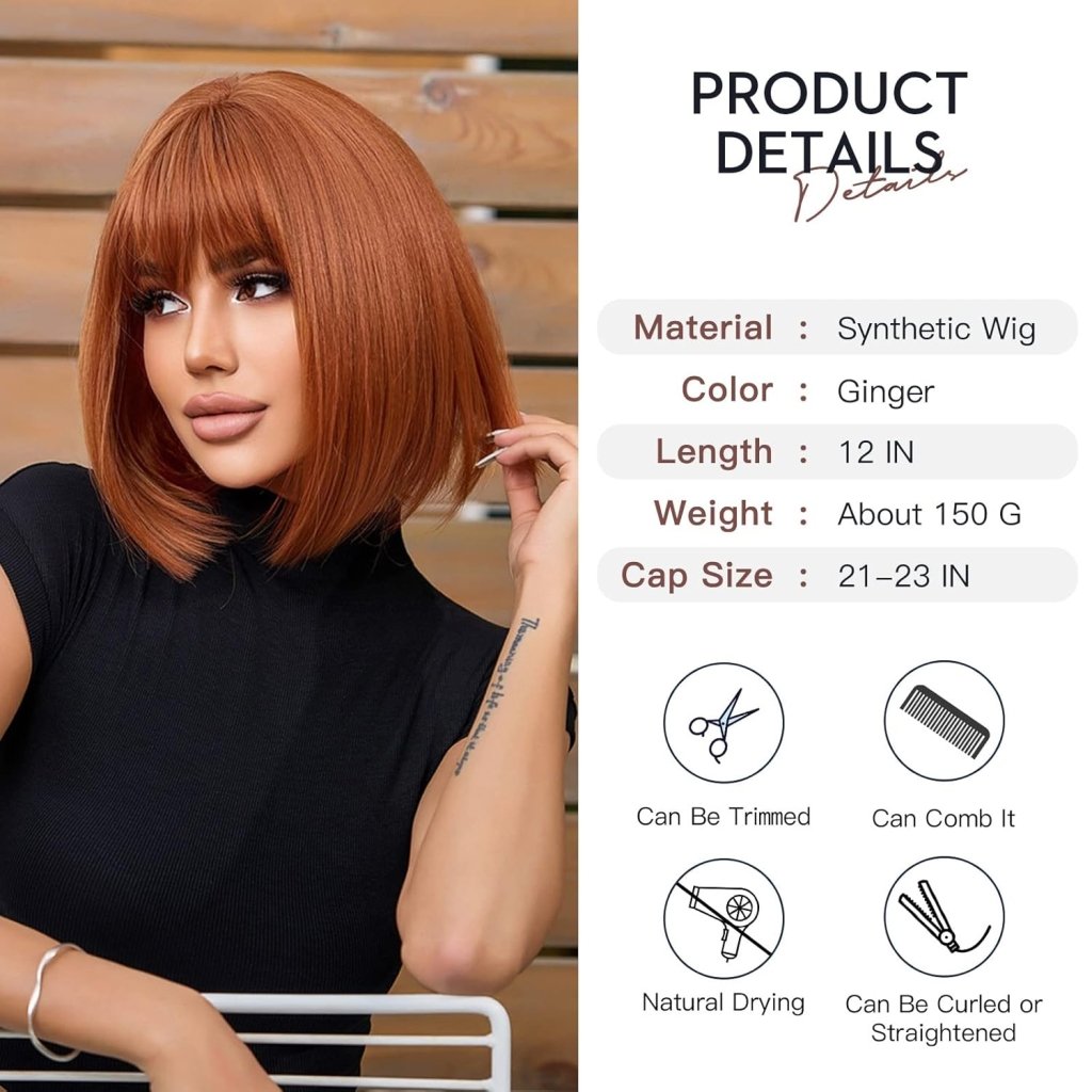 Brown Bob Wig with Bangs for Women Short 100% Human Hair Wig is Slightly Reddish in the Sun - Wigtrends