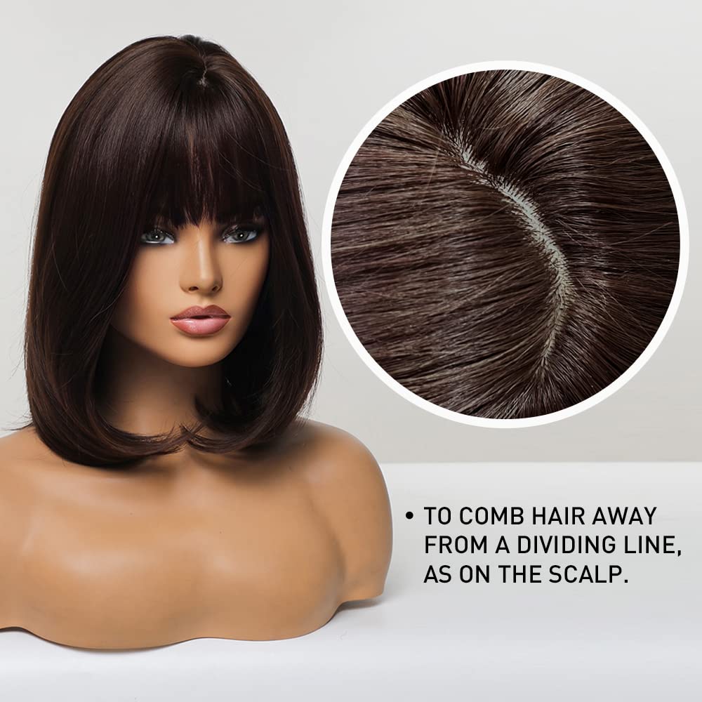 Brown Bob Wig with Bangs for Women Short 100% Human Hair Wig is Slightly Reddish in the Sun - Wigtrends