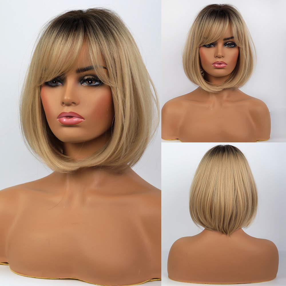 Brown Bob Wig with Bangs for Women Short 100% Human Hair Wig is Slightly Reddish in the Sun - Wigtrends