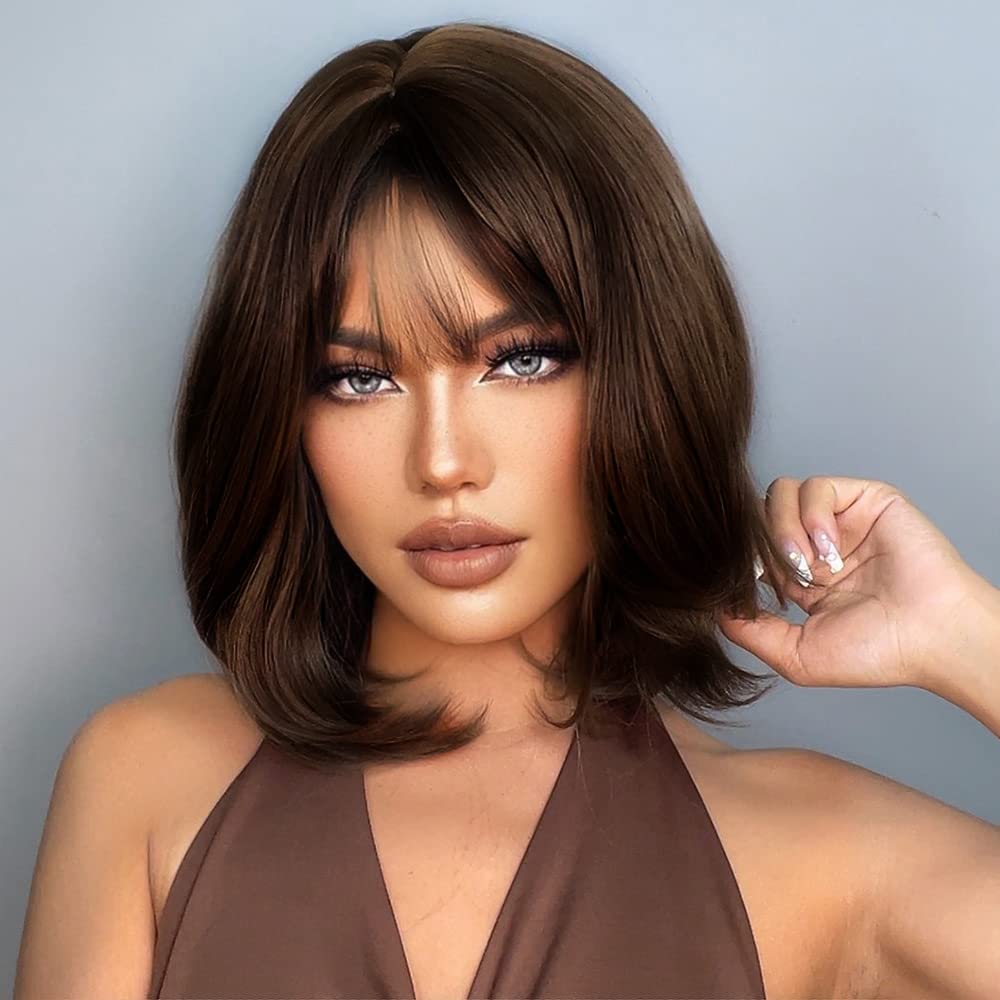 Brown Bob Wig with Bangs for Women Short 100% Human Hair Wig is Slightly Reddish in the Sun - Wigtrends