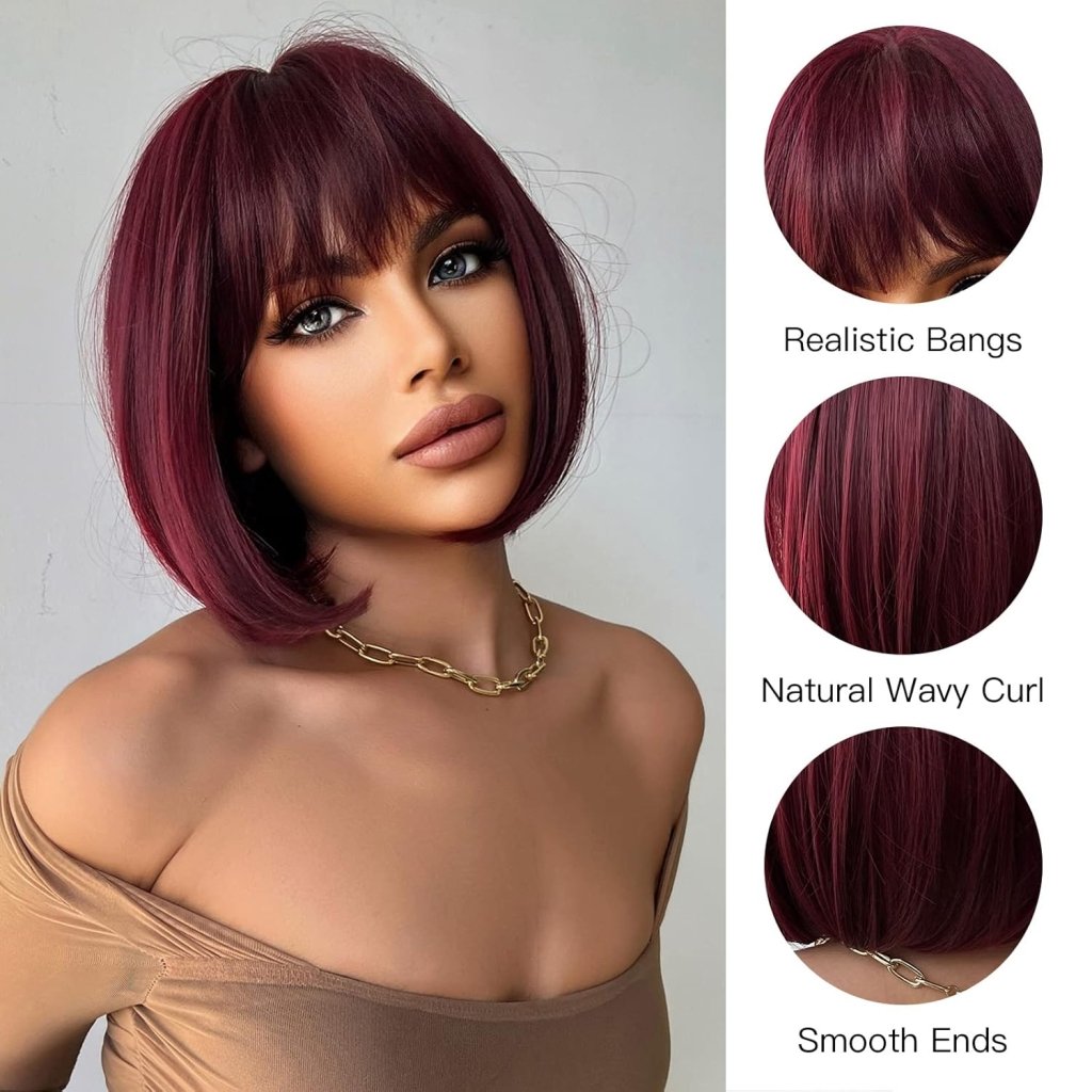 Brown Bob Wig with Bangs for Women Short 100% Human Hair Wig is Slightly Reddish in the Sun - Wigtrends