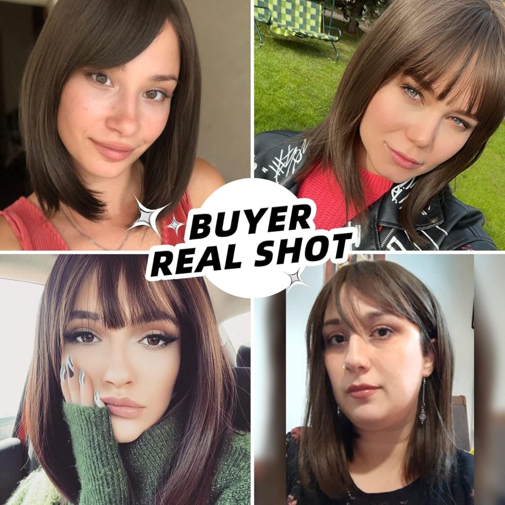 Brown Bob Wig with Bangs for Women Short 100% Human Hair Wig is Slightly Reddish in the Sun - Wigtrends