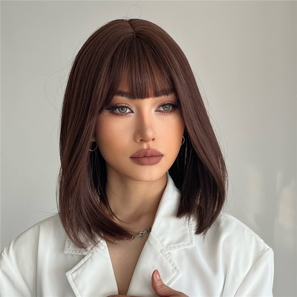 Brown Bob Wig with Bangs for Women Short 100% Human Hair Wig is Slightly Reddish in the Sun - Wigtrends