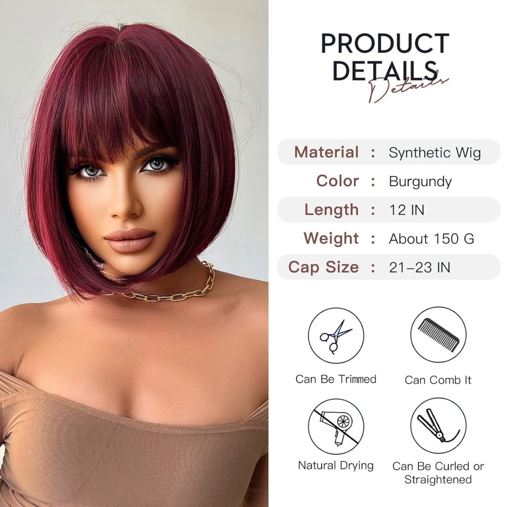 Brown Bob Wig with Bangs for Women Short 100% Human Hair Wig is Slightly Reddish in the Sun - Wigtrends
