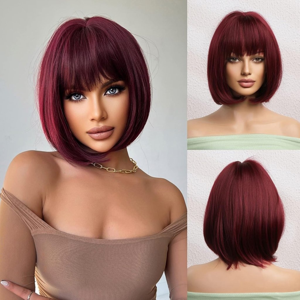 Brown Bob Wig with Bangs for Women Short 100% Human Hair Wig is Slightly Reddish in the Sun - Wigtrends