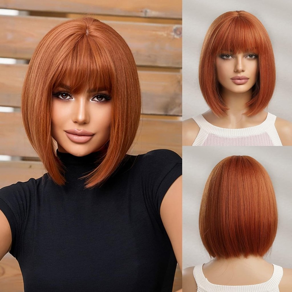 Brown Bob Wig with Bangs for Women Short 100% Human Hair Wig is Slightly Reddish in the Sun - Wigtrends