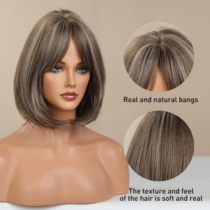 Brown Bob Wig with Bangs for Women Short 100% Human Hair Wig is Slightly Reddish in the Sun - Wigtrends