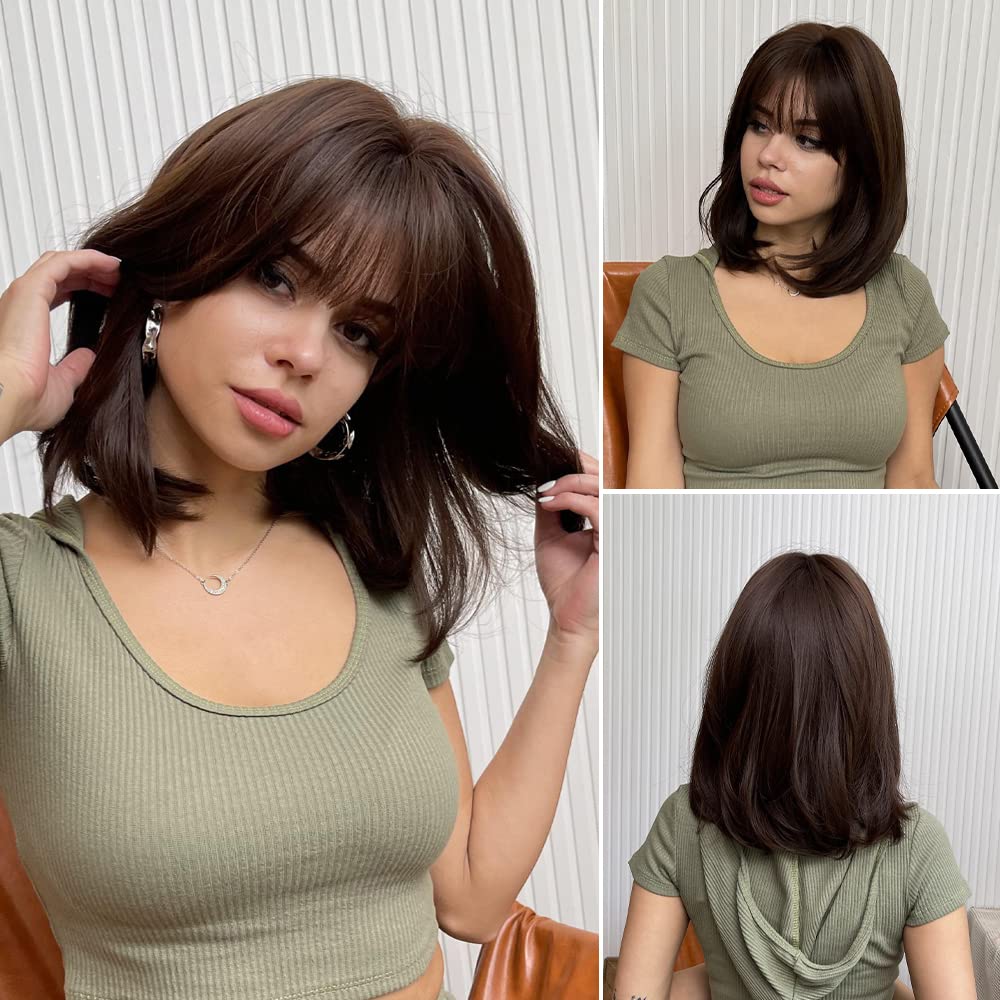Brown Bob Wig with Bangs for Women Short 100% Human Hair Wig is Slightly Reddish in the Sun - Wigtrends