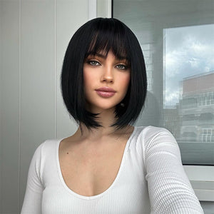 Brown Bob Wig with Bangs for Women Short 100% Human Hair Wig is Slightly Reddish in the Sun - Wigtrends