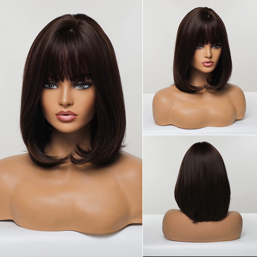 Brown Bob Wig with Bangs for Women Short 100% Human Hair Wig is Slightly Reddish in the Sun - Wigtrends