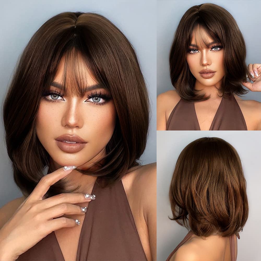 Brown Bob Wig with Bangs for Women Short 100% Human Hair Wig is Slightly Reddish in the Sun - Wigtrends