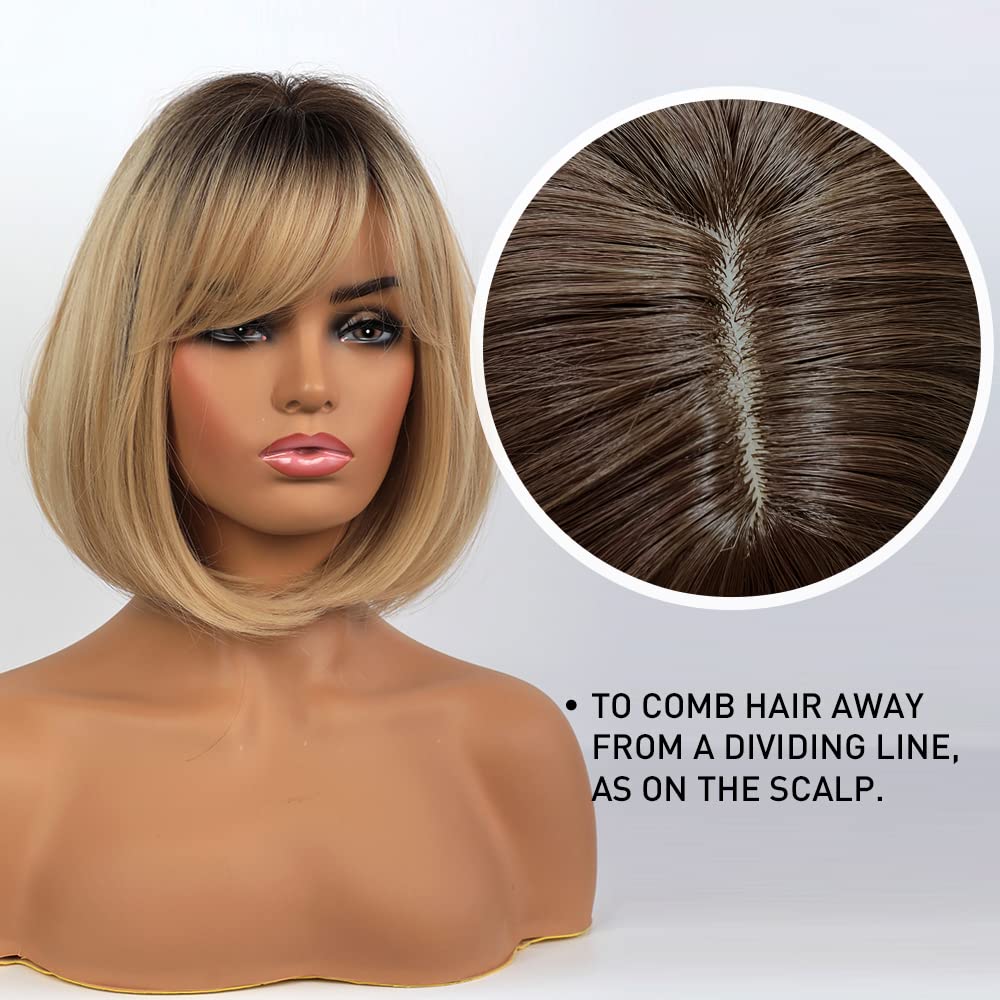 Brown Bob Wig with Bangs for Women Short 100% Human Hair Wig is Slightly Reddish in the Sun - Wigtrends
