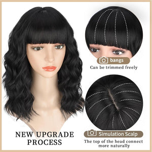 Brown Highlight Wigs for Women Short Wavy Curly Bob Human Hair Wig  - Wigtrends