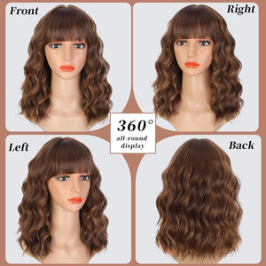 Brown Highlight Wigs for Women Short Wavy Curly Bob Human Hair Wig  - Wigtrends