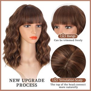 Brown Highlight Wigs for Women Short Wavy Curly Bob Human Hair Wig  - Wigtrends