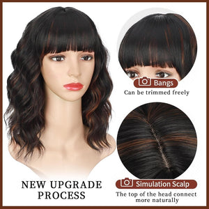 Brown Highlight Wigs for Women Short Wavy Curly Bob Human Hair Wig  - Wigtrends