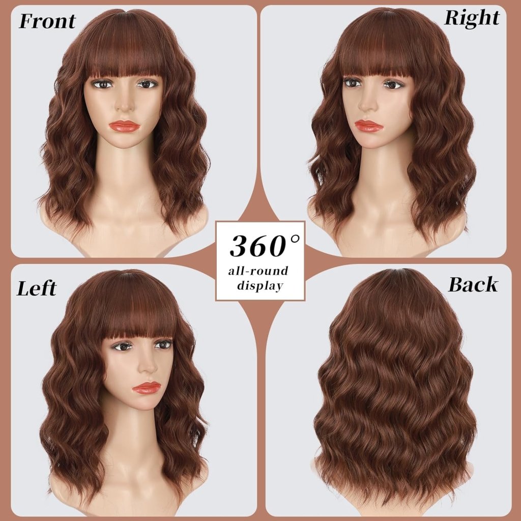 Brown Highlight Wigs for Women Short Wavy Curly Bob Human Hair Wig  - Wigtrends