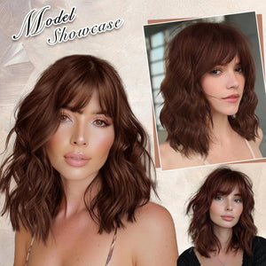 Brown Highlight Wigs for Women Short Wavy Curly Bob Human Hair Wig  - Wigtrends