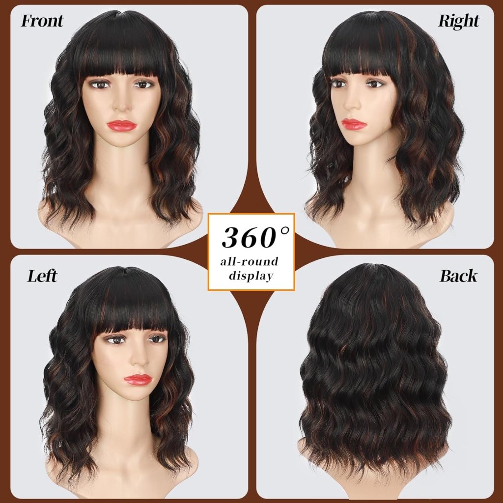 Brown Highlight Wigs for Women Short Wavy Curly Bob Human Hair Wig  - Wigtrends