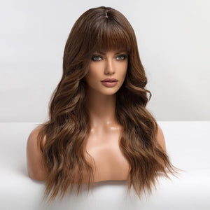 Brown Wigs with Bangs Synthetic Wigs Curly Hair Long Natural Wave Heat Resistant Hair Wigs - Wigtrends