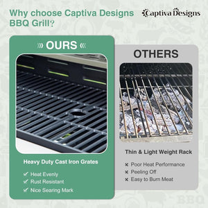Captiva Designs 4 - Burner Propane Gas BBQ Grill with Side Burner & Porcelain - Enameled Cast Iron Grates, 42,000 BTU Output Stainless Steel Grill for Outdoor Cooking Kitchen and Patio Backyard Barbecue - Wigtrends