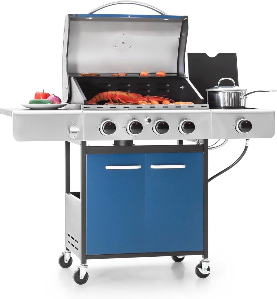 Captiva Designs 4 - Burner Propane Gas BBQ Grill with Side Burner & Porcelain - Enameled Cast Iron Grates, 42,000 BTU Output Stainless Steel Grill for Outdoor Cooking Kitchen and Patio Backyard Barbecue - Wigtrends