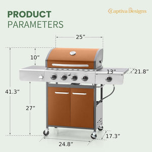 Captiva Designs 4 - Burner Propane Gas BBQ Grill with Side Burner & Porcelain - Enameled Cast Iron Grates, 42,000 BTU Output Stainless Steel Grill for Outdoor Cooking Kitchen and Patio Backyard Barbecue - Wigtrends
