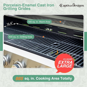 Captiva Designs 4 - Burner Propane Gas BBQ Grill with Side Burner & Porcelain - Enameled Cast Iron Grates, 42,000 BTU Output Stainless Steel Grill for Outdoor Cooking Kitchen and Patio Backyard Barbecue - Wigtrends