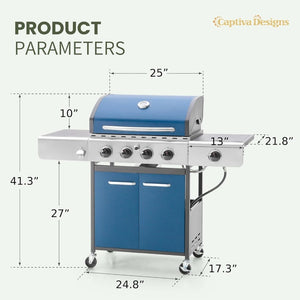 Captiva Designs 4 - Burner Propane Gas BBQ Grill with Side Burner & Porcelain - Enameled Cast Iron Grates, 42,000 BTU Output Stainless Steel Grill for Outdoor Cooking Kitchen and Patio Backyard Barbecue - Wigtrends