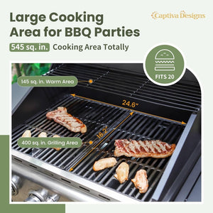 Captiva Designs 4 - Burner Propane Gas BBQ Grill with Side Burner & Porcelain - Enameled Cast Iron Grates, 42,000 BTU Output Stainless Steel Grill for Outdoor Cooking Kitchen and Patio Backyard Barbecue - Wigtrends