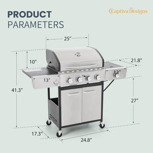 Captiva Designs 4 - Burner Propane Gas BBQ Grill with Side Burner & Porcelain - Enameled Cast Iron Grates, 42,000 BTU Output Stainless Steel Grill for Outdoor Cooking Kitchen and Patio Backyard Barbecue - Wigtrends