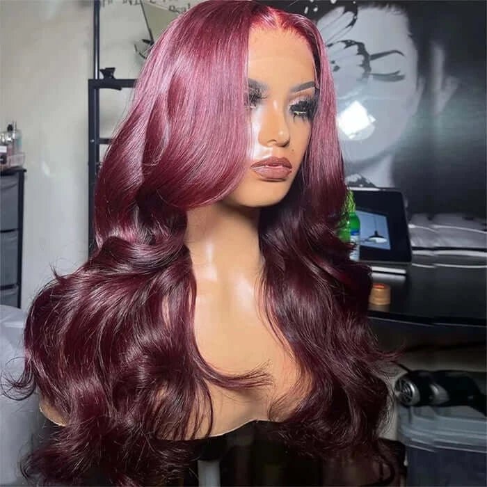 Charming Body Wave Burgundy Curtain Bangs Wigs - Wigtrends