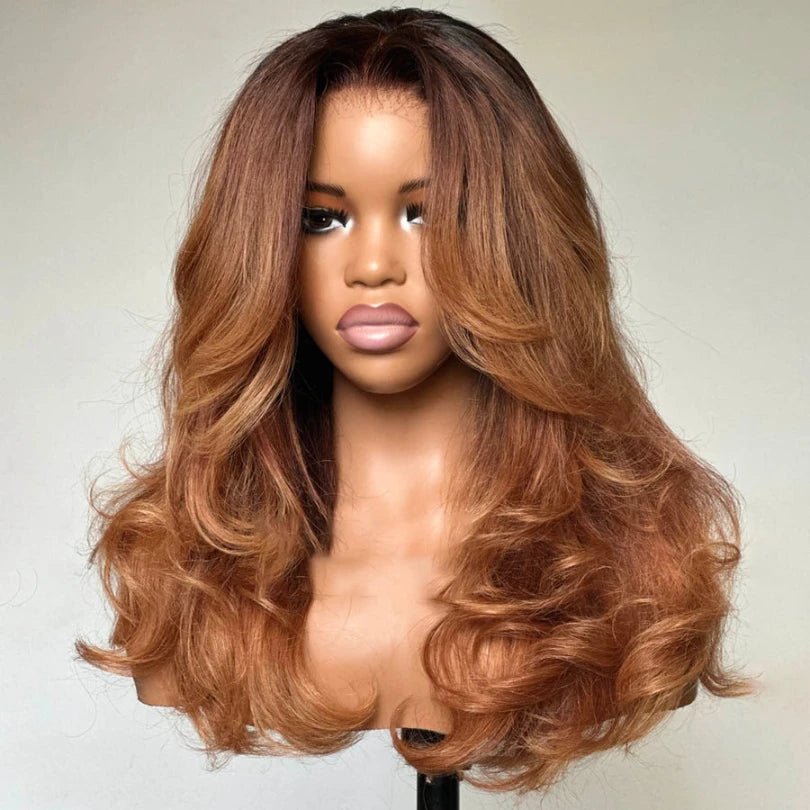 Charming Layered Mid-part Human Hair with Curtain Bangs - Wigtrends