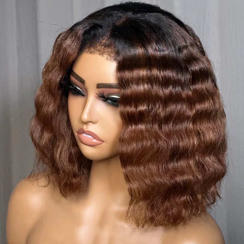 Chic Mid-part Lace Kinky Wave Wigs in Ombre Brown - Wigtrends