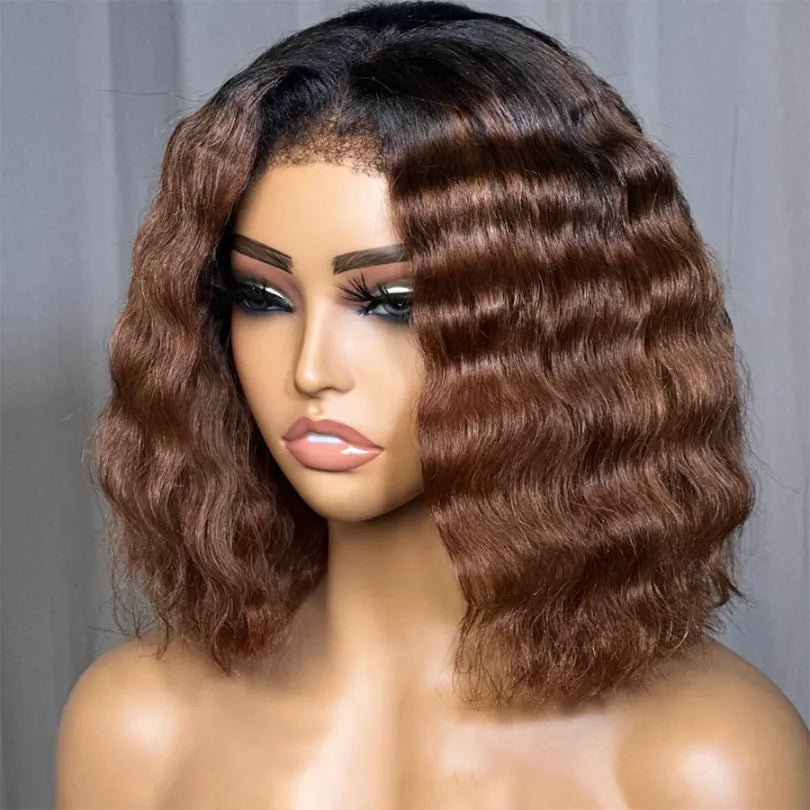 Chic Mid-part Lace Kinky Wave Wigs in Ombre Brown - Wigtrends