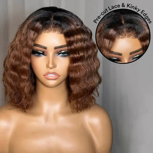 Chic Mid-part Lace Kinky Wave Wigs in Ombre Brown - Wigtrends