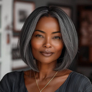 Classic Women's Hairstyle Salt and Pepper Straight Bob Real Human Hair Wear Go Glueless Lace Wigs For Mom - Wigtrends