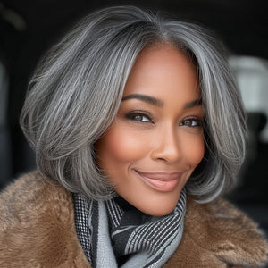 Classic Women's Hairstyle Salt and Pepper Straight Bob Real Human Hair Wear Go Glueless Lace Wigs For Mom - Wigtrends