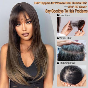 Cover Real Human Hair Toppers Upgraded Base for Thinning Hair - Clip - in French Bangs - Wigtrends