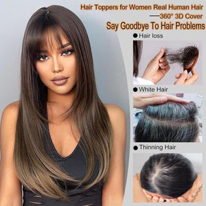 Cover Real Human Hair Toppers Upgraded Base for Thinning Hair - Clip - in French Bangs - Wigtrends