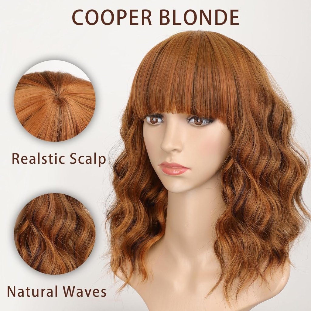 Curly Bob Wig with Bangs Short Wavy Wigs for Women human hair Heat Resistant Wigs - Wigtrends