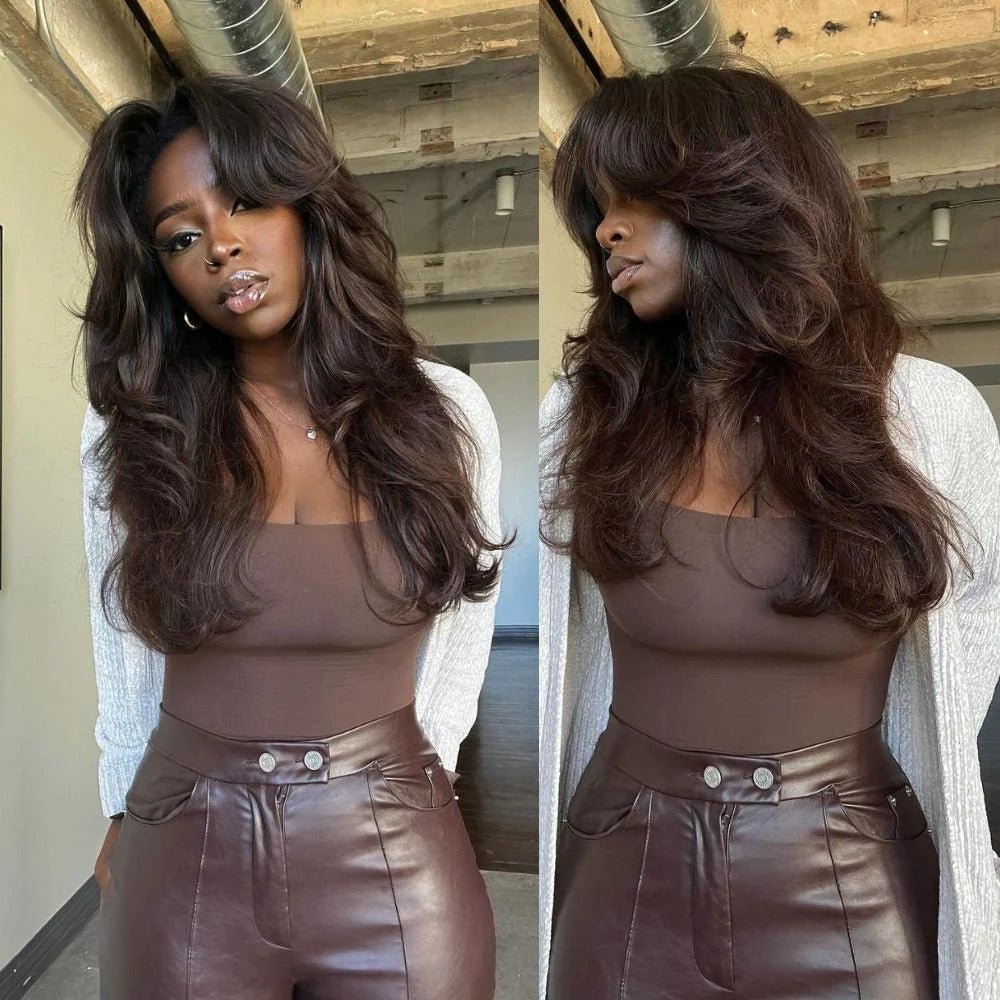 Curtain Bangs 13x4 HD Lace Body Wave Glueless Wig Butterfly Hair Cut Chestnut Brown Lace Wig - Wigtrends
