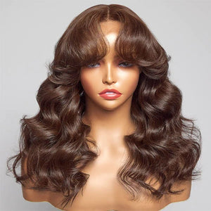 Curtain Bangs 13x4 HD Lace Body Wave Glueless Wig Butterfly Hair Cut Chestnut Brown Lace Wig - Wigtrends