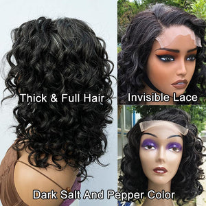 Dark Salt And Pepper Wigs Water Wave Bob 5x5 HD Lace Human Hair Wigs For Mature Women - Wigtrends