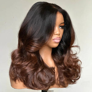 Easily Care I Part Human Hair Ombre Brown Layered Wave Wigs - Wigtrends