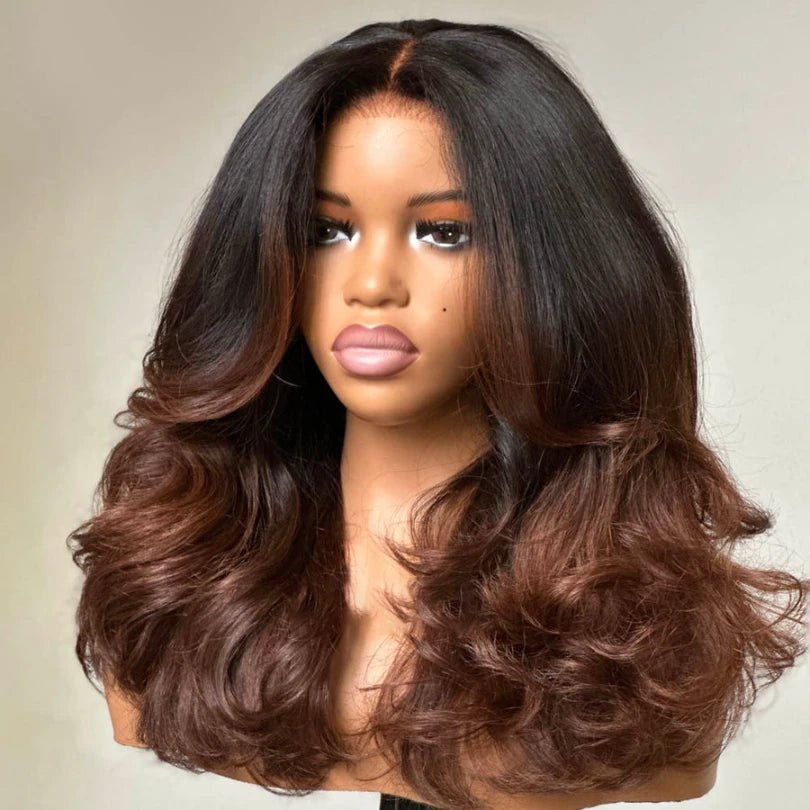 Easily Care I Part Human Hair Ombre Brown Layered Wave Wigs - Wigtrends