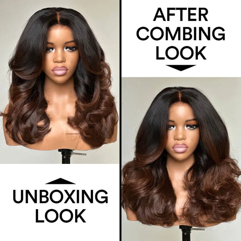 Easily Care I Part Human Hair Ombre Brown Layered Wave Wigs - Wigtrends
