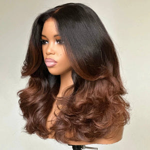 Easily Care I Part Human Hair Ombre Brown Layered Wave Wigs - Wigtrends