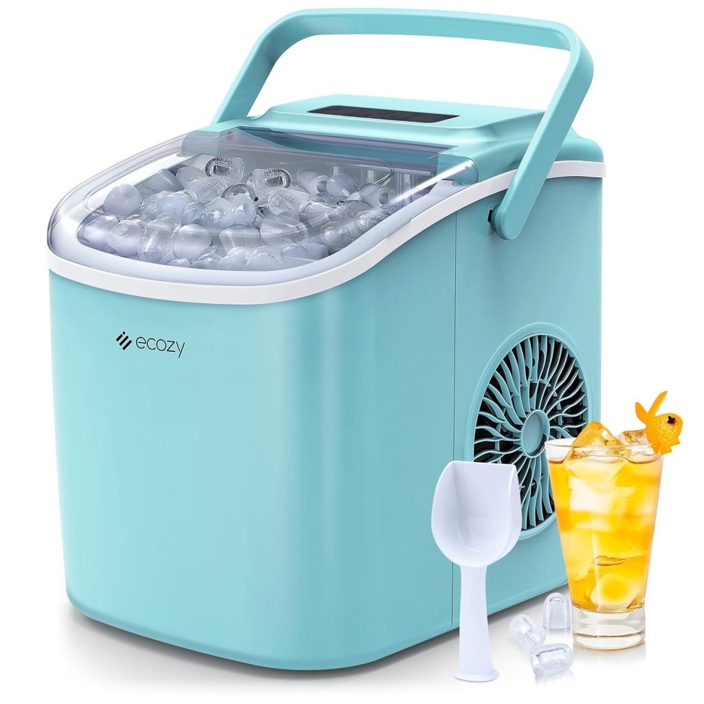ecozy Portable Ice Maker Countertop, 9 Cubes Ready in 6 Mins, 26 lbs in 24 Hours, Self - Cleaning Machine with Ice Bags/Standing Ice Scoop/Ice Basket for Kitchen Office Bar Party, Aqua - Wigtrends
